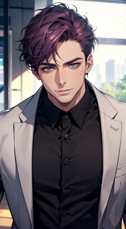 (best quality,4k,8k,highres,masterpiece:1.2),ultra-detailed,(realistic,photorealistic,photo-realistic:1.37),1 man,31 years old,mature man,very handsome,without expression,smile,short purple hair,blue eyes,penetrating gaze,perfect face without errors,imposing posture,businessman,office background,cinematic lighting,hdr image