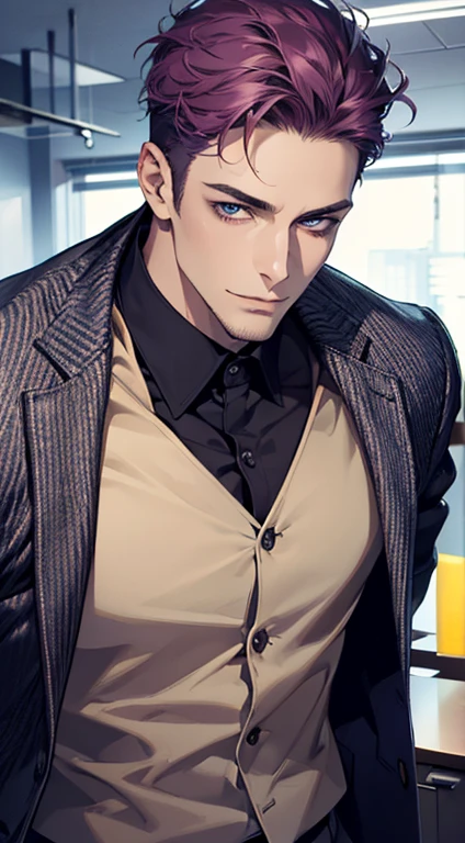 (best quality,4k,8k,highres,masterpiece:1.2),ultra-detailed,(realistic,photorealistic,photo-realistic:1.37),1 man,31 years old,mature man,very handsome,without expression,smile,short purple hair,blue eyes,penetrating gaze,perfect face without errors,imposing posture,businessman,office background,cinematic lighting,hdr image