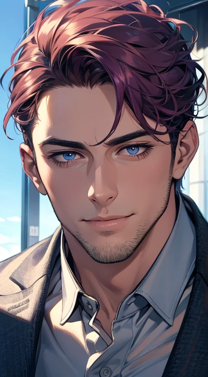 (best quality,4k,8k,highres,masterpiece:1.2),ultra-detailed,(realistic,photorealistic,photo-realistic:1.37),1 man,31 years old,mature man,very handsome,without expression,smile,short purple hair,blue eyes,penetrating gaze,perfect face without errors,imposing posture,businessman,office background,cinematic lighting,hdr image