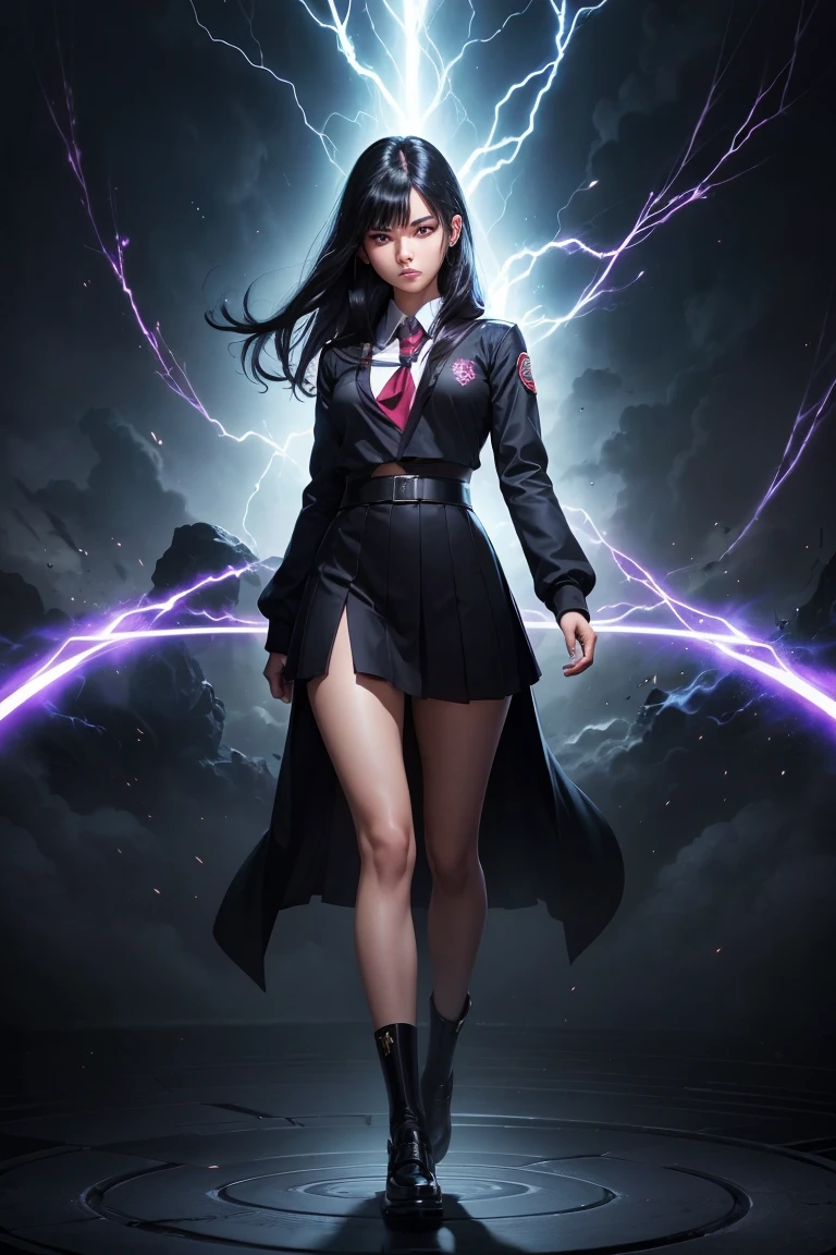 full body shot of sexy 19-year old psionic girl, (Japanese school uniform), (paranormal powers), ((eyes glowing)), (calm look), stunning, black hair, fancy haircut, (confident pose), storm,