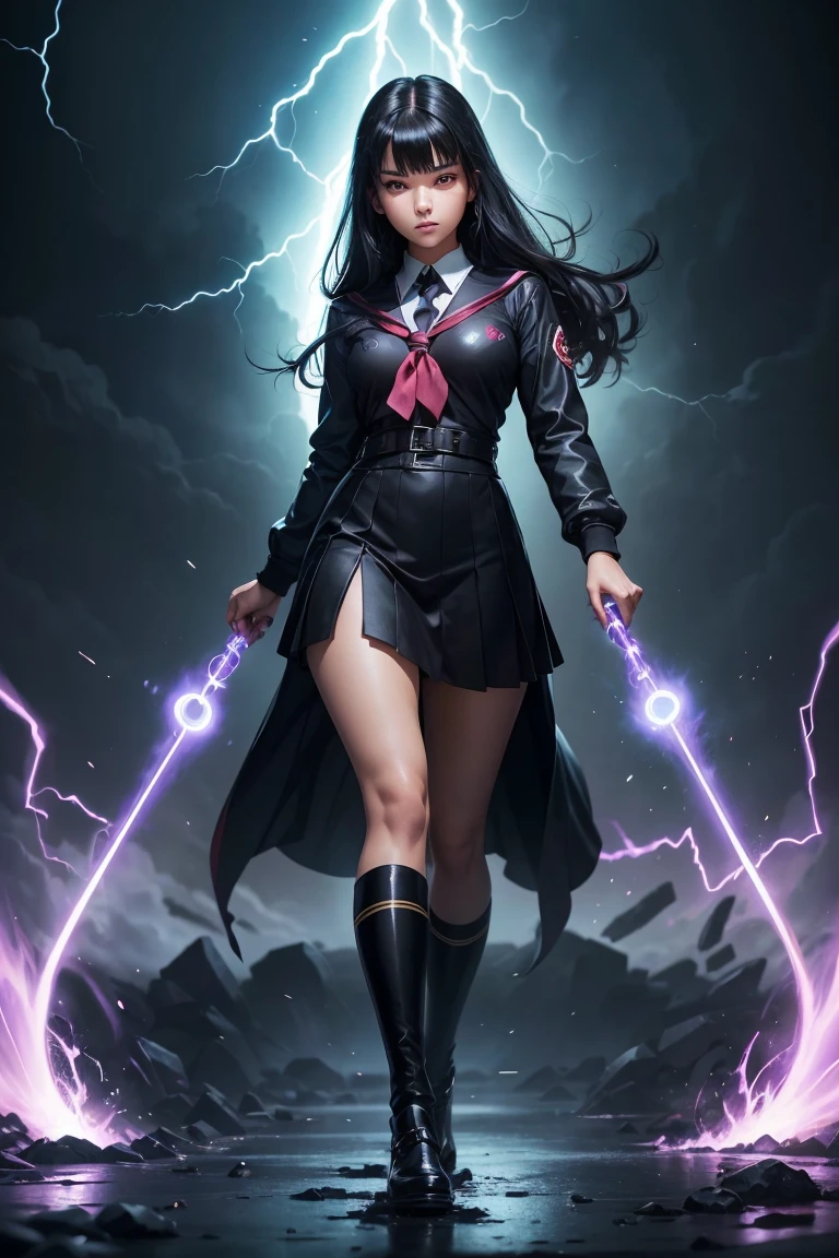 full body shot of sexy 19-year old psionic girl, (Japanese school uniform), (paranormal powers), ((eyes glowing)), (calm look), stunning, black hair, fancy haircut, (confident pose), storm,