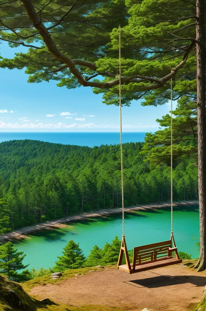 A SWING ON A MOUNTAIN WITH A SEA FACING VIEW , A FOREST AREA, BEAUTIFUL WEATHER 4K