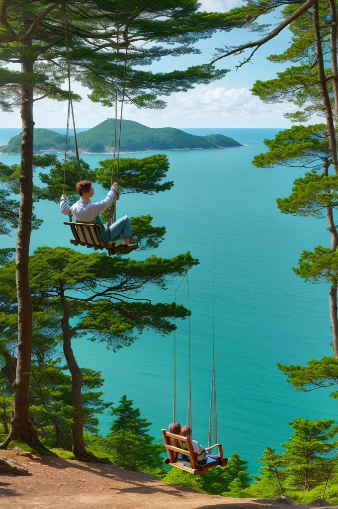 A SWING ON A MOUNTAIN WITH A SEA FACING VIEW , A FOREST AREA, BEAUTIFUL WEATHER 4K