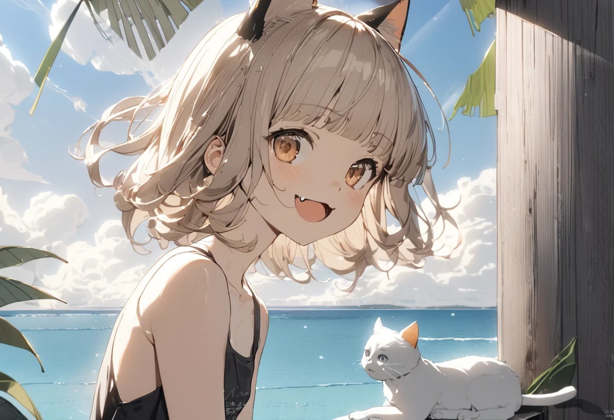 ((Masterpiece)), ((best quality)), (ultra-detailed), ((kawaii)), ((extremely detailed)), 4K, (8K), (super detail:1.2),(High Definition:1.3), (Professional Photography:1.2), (very aesthetic:1.2), (absurdres:1.2), (wide shot), cinematic lighting, (sharp focus), (perfect light), ((1girl)), (()),8K, Glossy skin, cinematic lighting, 1girl, wide-shot, (Knit fabric tank top), (Cute innocent teenage girllendar body, small breast, glossy medium hair, (loose blunt bangs), ((:3)), open mouth, fang out, (grinning), beautiful collarbones, (slightly exposed shoulders), (put on Cat ears), pale brown hair, Hair that flutters in the wind, BREAK, ((best quality)), ((extremely detailed)), wide shot, (Relaxing on Zanzibar Island), sunnyday, Beautiful Horizon Background,