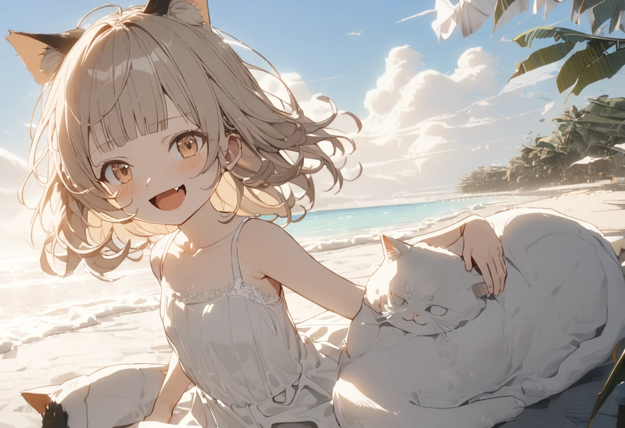 ((Masterpiece)), ((best quality)), (ultra-detailed), ((kawaii)), ((extremely detailed)), 4K, (8K), (super detail:1.2),(High Definition:1.3), (Professional Photography:1.2), (very aesthetic:1.2), (absurdres:1.2), (wide shot), cinematic lighting, (sharp focus), (perfect light), ((1girl)), ((12 years old)),8K, Glossy skin, cinematic lighting, 1girl, wide-shot, (Knit fabric tank top), (Cute innocent teenage girl), slendar body, small breast, glossy medium hair, (loose blunt bangs), ((:3)), open mouth, fang out, (grinning), beautiful collarbones, (slightly exposed shoulders), (put on Cat ears), pale brown hair, Hair that flutters in the wind, BREAK, ((best quality)), ((extremely detailed)), wide shot, (Relaxing on Zanzibar Island), sunnyday, Beautiful Horizon Background,