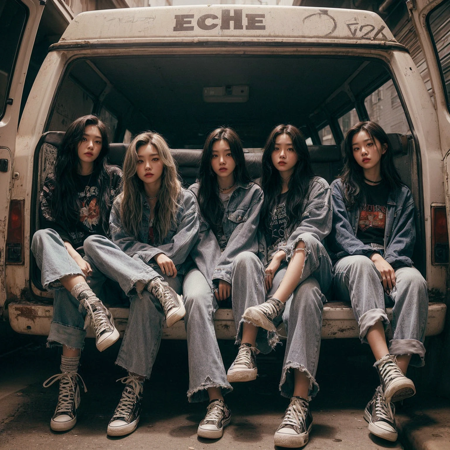 a visually striking five korean young woman member band photo in a gritty, urban setting. The band should be seated in a rugged van, evoking a raw. Emphasize a cool, laid-back attitude with casual clothing, such as graphic tees, jeans, and sneakers. Ensure the band's name, “ECHO” is prominently displayed above them in bold, distressed typography. Capture a mood that reflects the essence of early 2000s pop, combining elements of angst, realistic, masterpiece