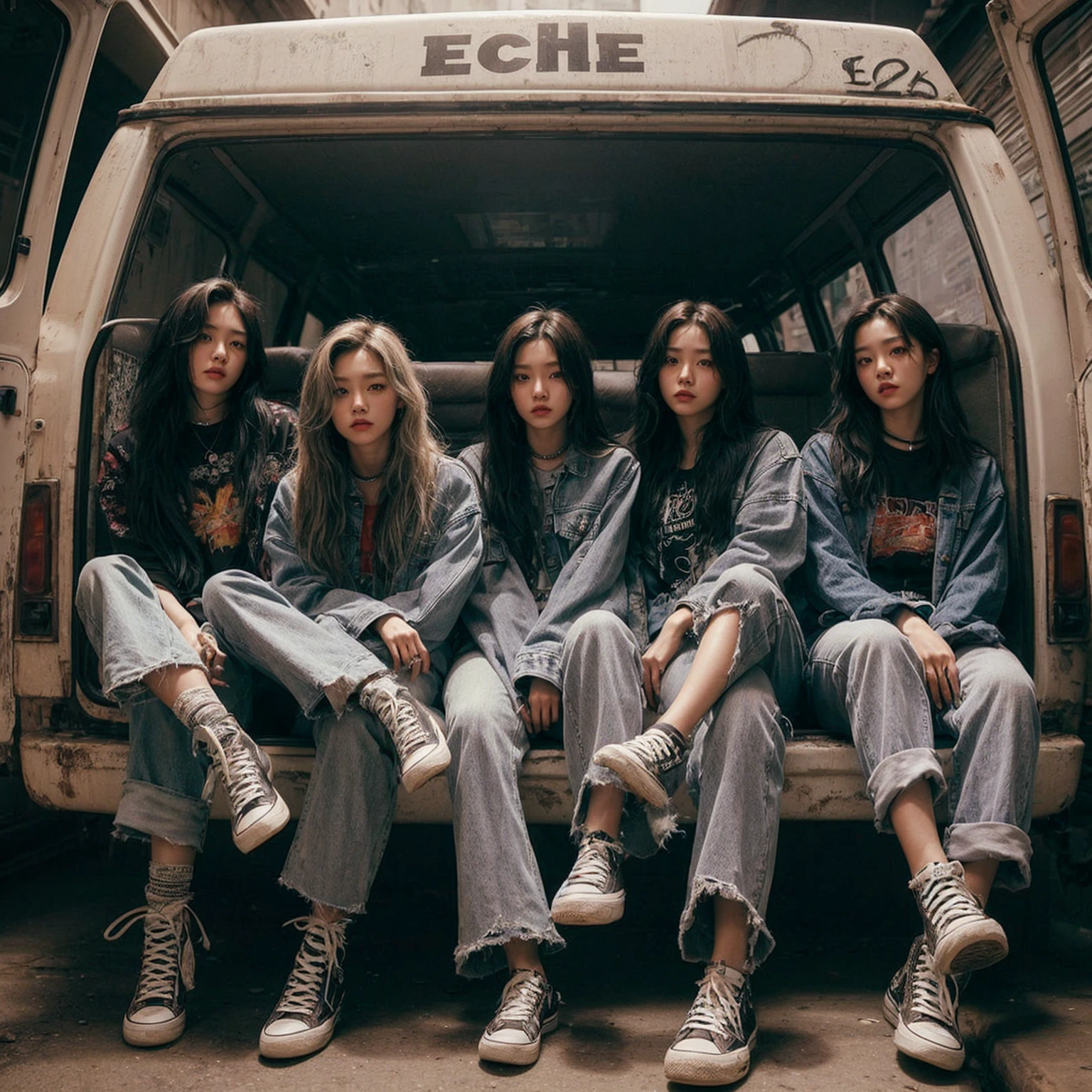 a visually striking five korean young woman member band photo in a gritty, urban setting. The band should be seated in a rugged van, evoking a raw. Emphasize a cool, laid-back attitude with casual clothing, such as graphic tees, jeans, and sneakers. Ensure the band's name, “ECHO” is prominently displayed above them in bold, distressed typography. Capture a mood that reflects the essence of early 2000s pop, combining elements of angst, realistic, masterpiece