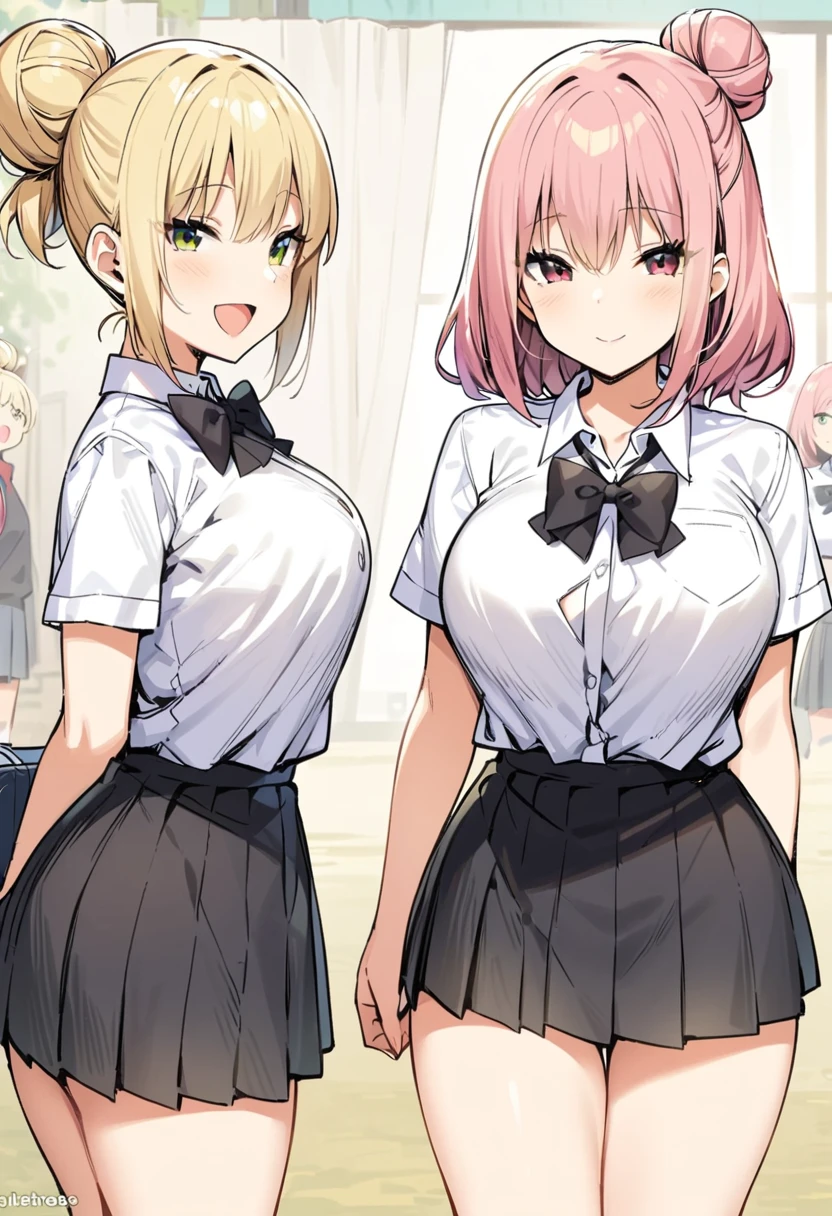 masterpiece, Highest quality, High resolution, JK,Huge ,Two Girls,black bow,black bowtie,blonde,bow,bowtie,chest,Hair Bun,,Long Hair,View your audience,Multiple Girls,Pink Hair,pleated skirt,tuck your shirt in,short hair,skirt,smile,Tent shirt