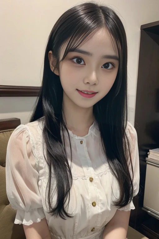 Highest quality、masterpiece、A real 18 year old girl、pretty dress with frills, small breast, flat chest, Laughter、High resolution、