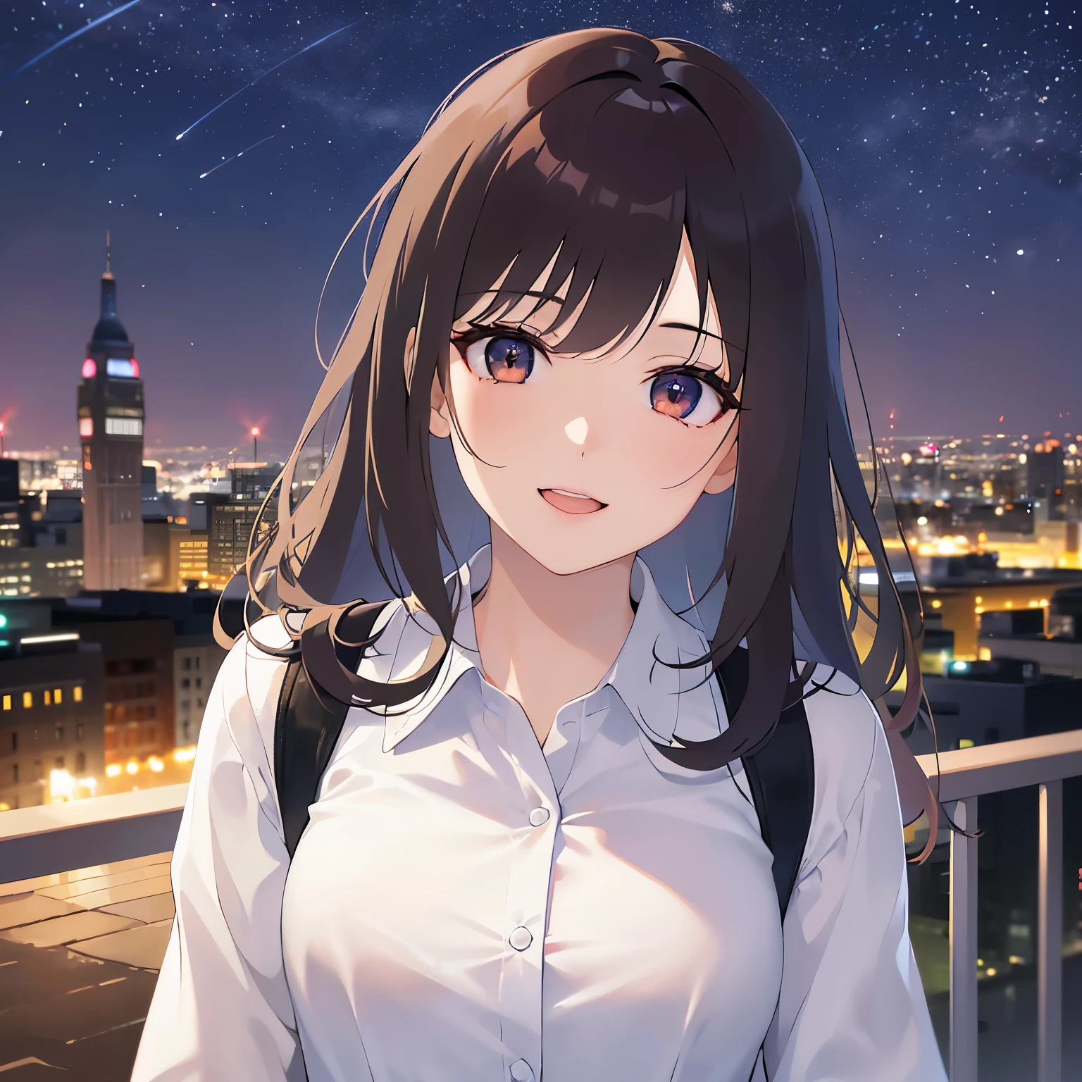 lookin at viewer,upper body, Shooting from above、head tilt、 Realistic, real person, (pale skin: 1.2), RAW photo, photorealistic, shiny skin, shiny hair、 (A 25-year-old woman with bob hair and bangs) and (wavy hair) and (brown hair) and (Orange Eyes)、Business suits and (Wearing a white collared shirt)、 open mouth,happy smile,Night Sky、Midnight in the Park