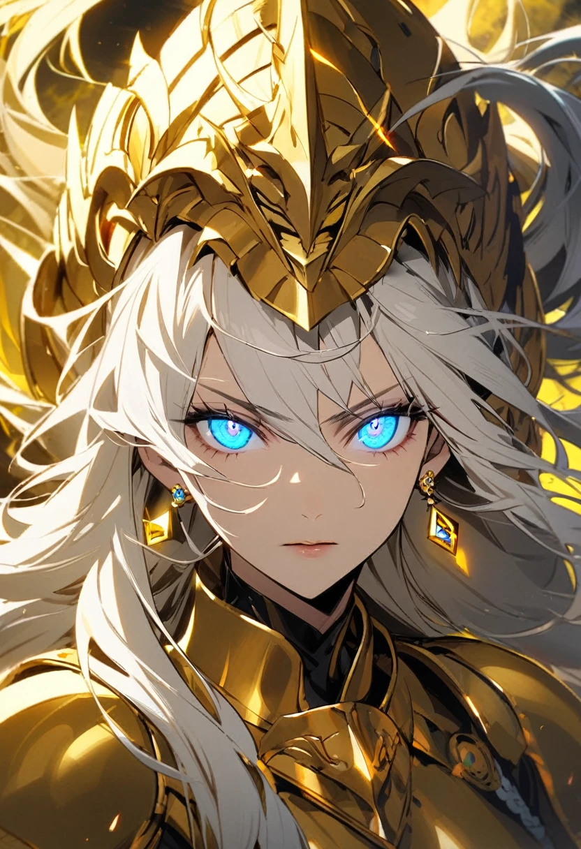 woman, god, god eyes, blue eyes, glowing eyes, yellow aura, golden armor, windy hair, long hair, white hair, god mature, god eyes, diamond earings, cool face