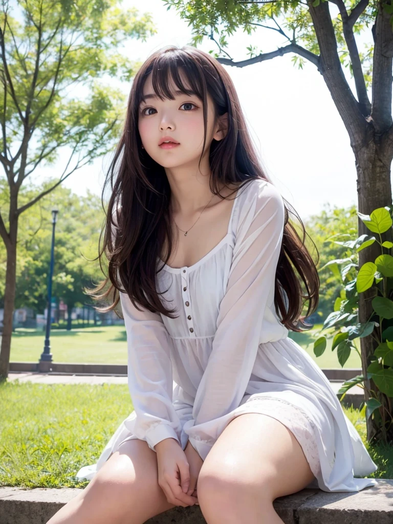 Highest quality,Very cute girl、beautiful girl、Sitting、mile,from below