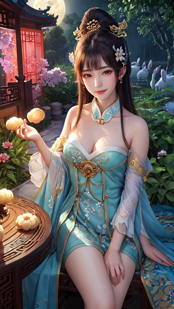 (a girl in a garden,moon palace,Chang'e,mooncakes,rabbits),best quality,ultra-detailed,realistic:1.37,illustration,traditional Chinese painting,harmonious colors,soft lighting