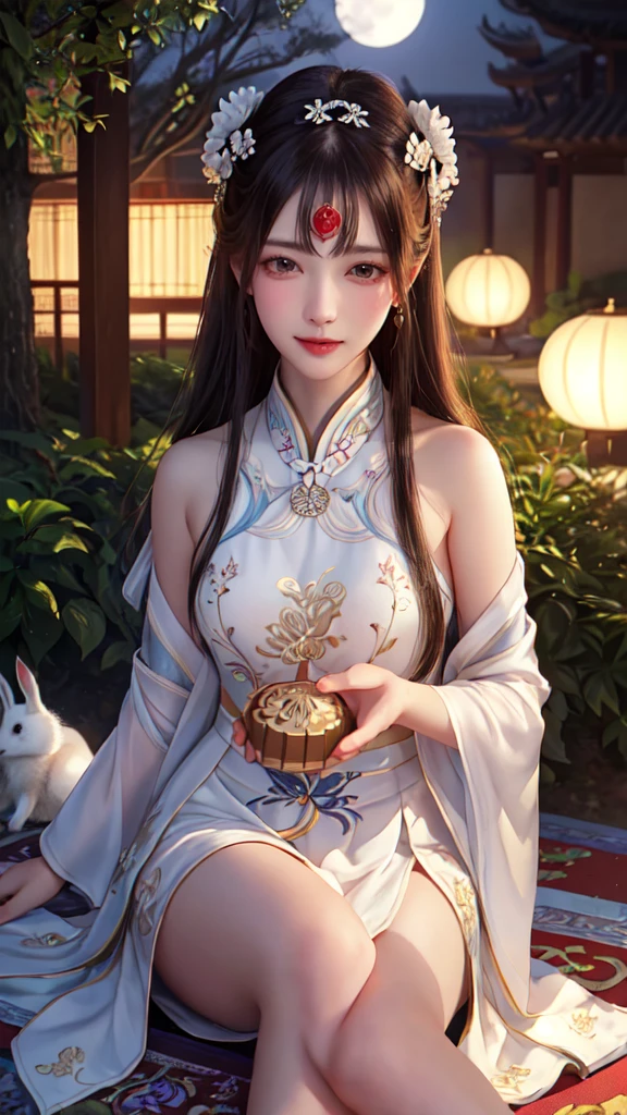 (a girl in a garden,moon palace,Chang'e,mooncakes,rabbits),best quality,ultra-detailed,realistic:1.37,illustration,traditional Chinese painting,harmonious colors,soft lighting