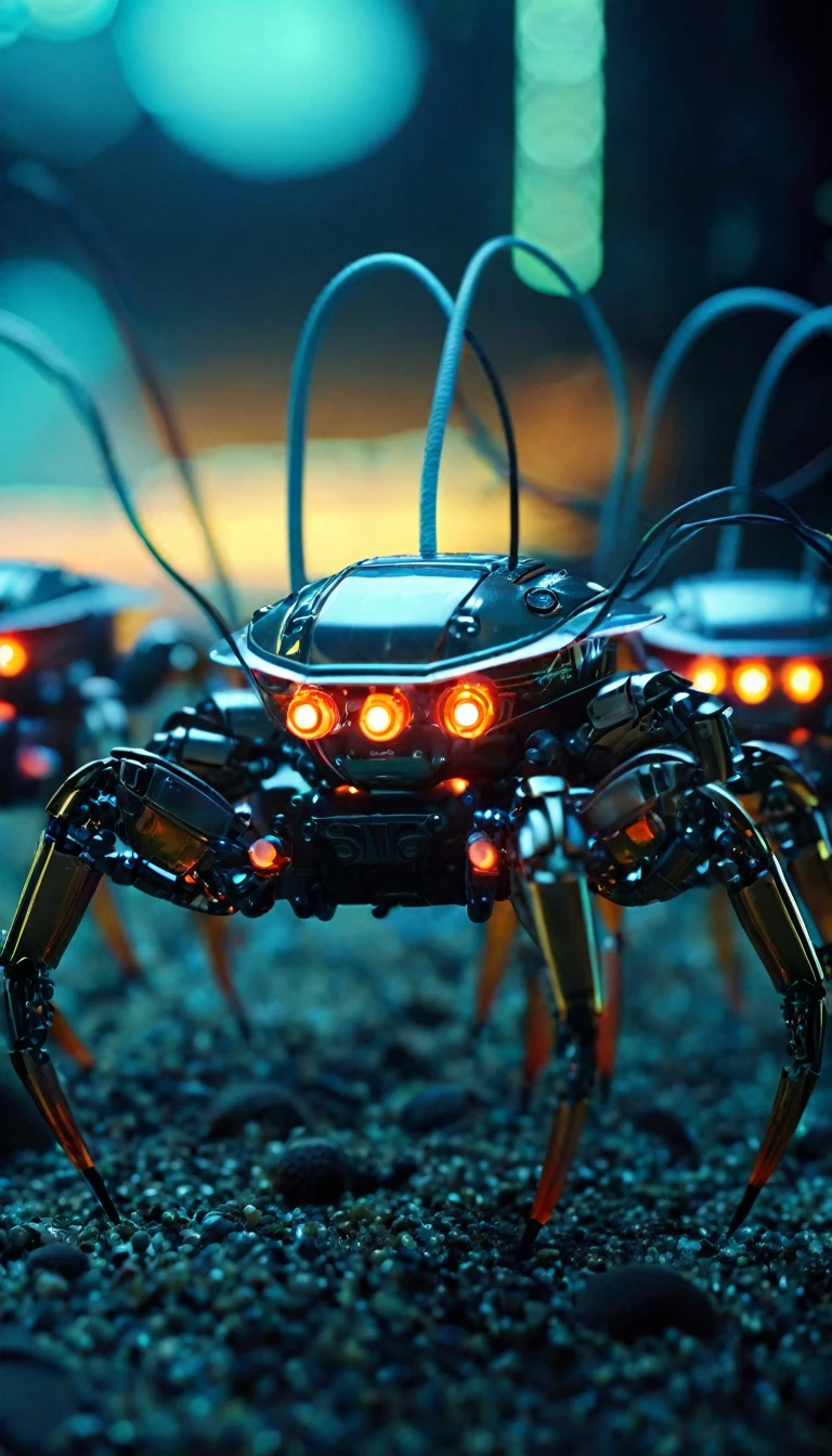 A row of robot crabs on the ocean floor　Translucent movie stills (Cybernetic robot crab 1.5), (Glowing Veins:1.3) (The cable enters the body, circuit:1.3), Very detailed, Vignette, Very detailed, High budget, Bokeh, Sulky, amazing, nice, Film Grain, granular