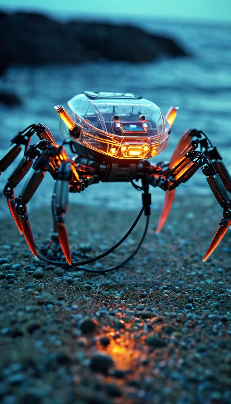A row of robot crabs on the ocean floor Translucent movie stills (Cybernetic robot crab 1.5), (Glowing Veins:1.3) (The cable enters the body, circuit:1.3), Very detailed, Vignette, Very detailed, High budget, Bokeh, Sulky, amazing, nice, Film Grain, granular