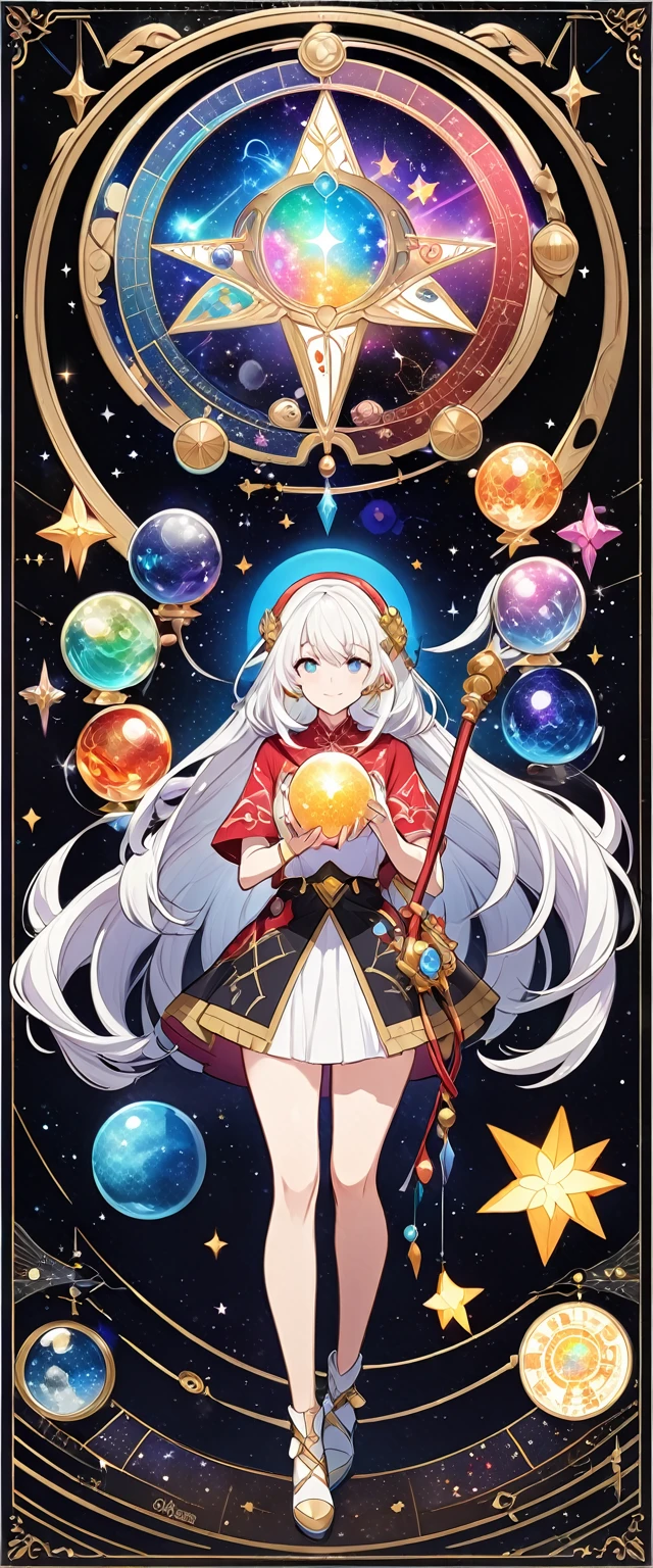 Beautiful Celestial Astrologer, Detailed key animation art, Official Anime Artwork,Girl with white hair holding crystal ball and staff, cosmic astrology girl, Black background with astrological chart and colorful bright stars.