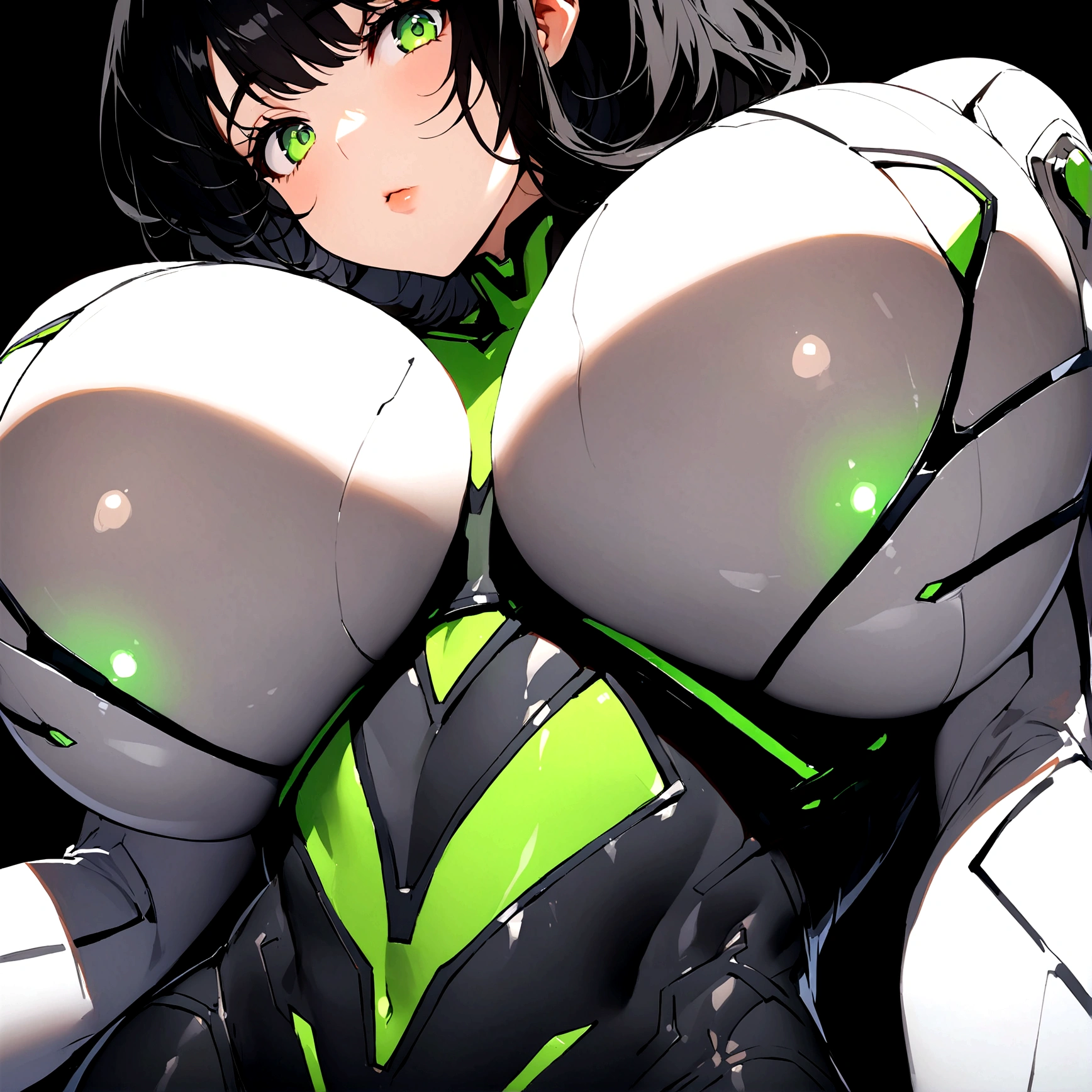 Black hair, green eyes, voluptuous, sci-fi bodysuit, empty black background,