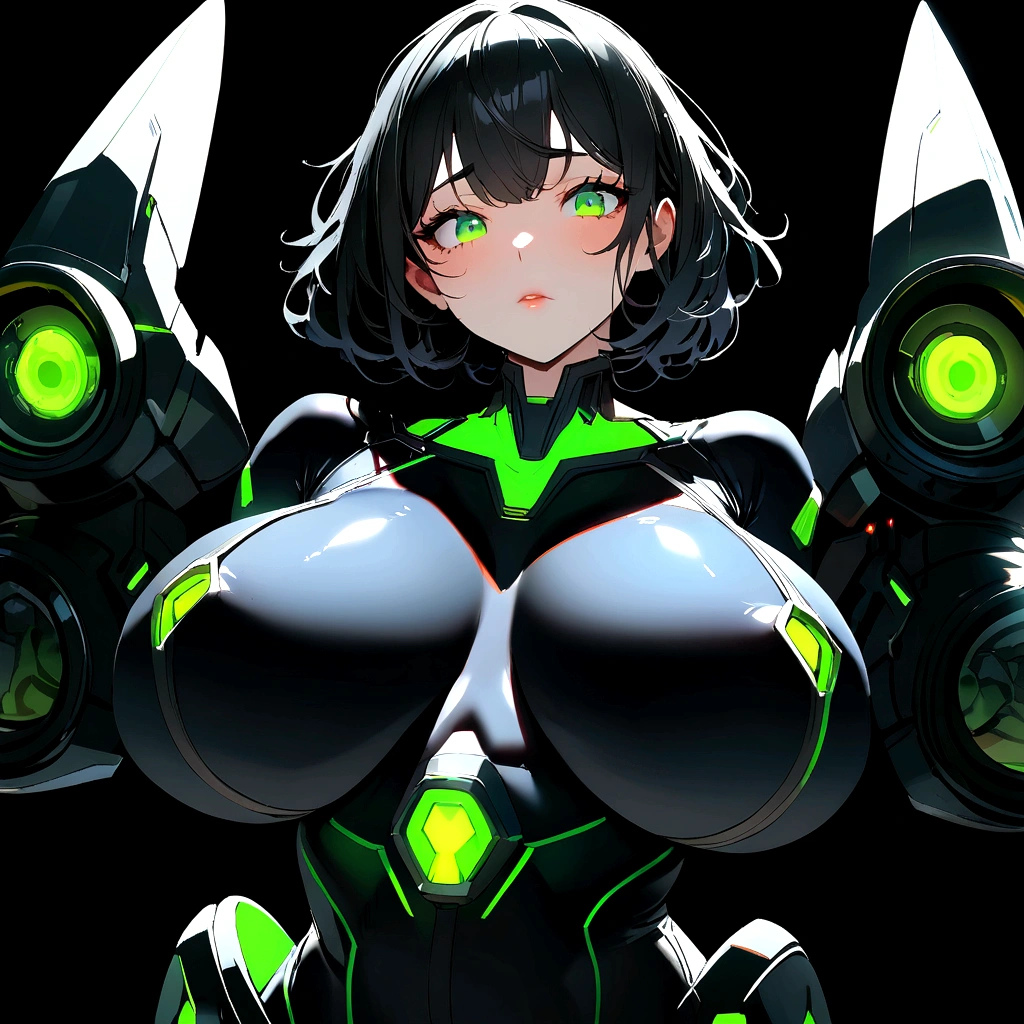 Black hair, green eyes, voluptuous, sci-fi bodysuit, empty black background,