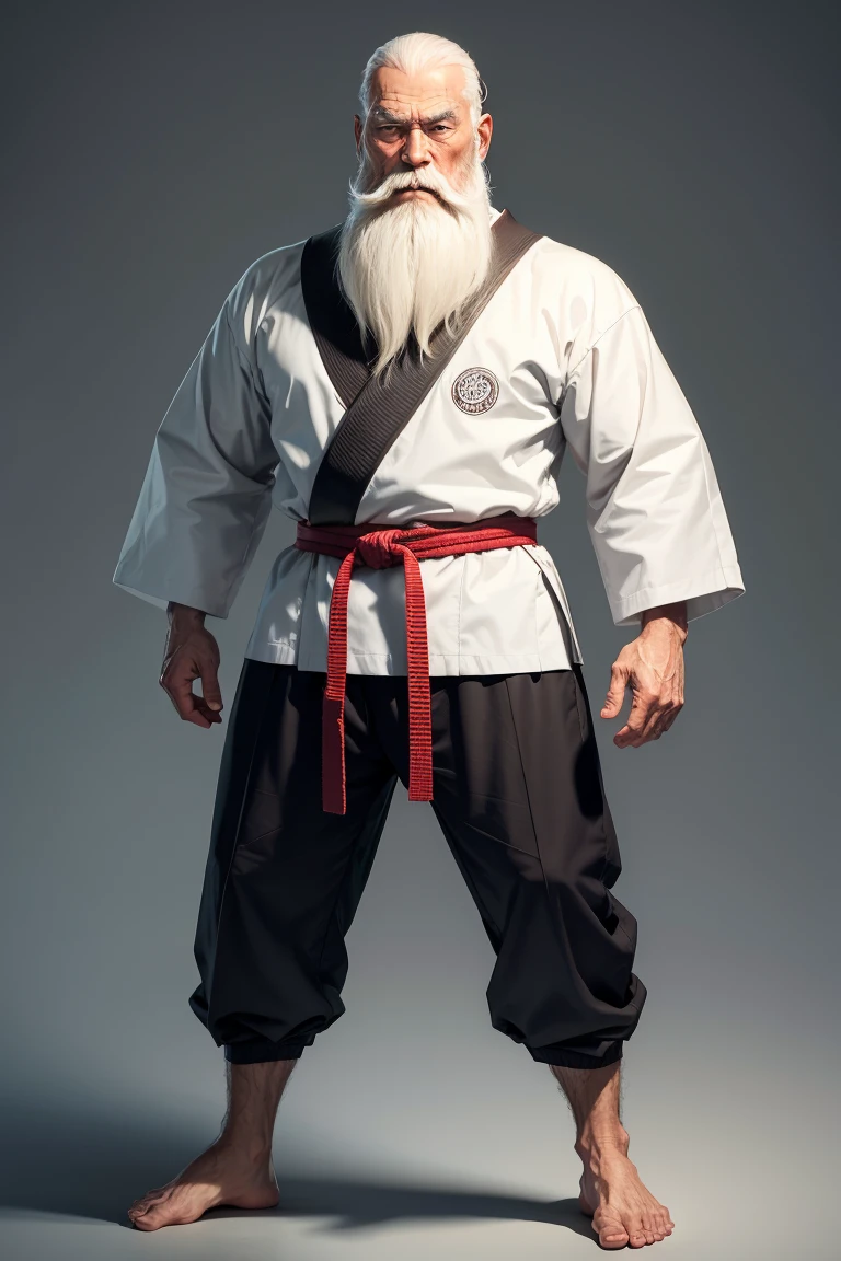 full body, portrait of a thin fit 100 year old martial arts sensei, bold head, very long white beard, (stands relaxed)