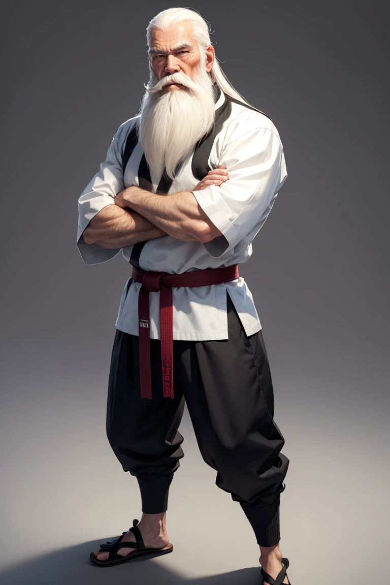 full body, portrait of a thin fit 100 year old martial arts sensei, bold head, very long white beard, (stands relaxed)