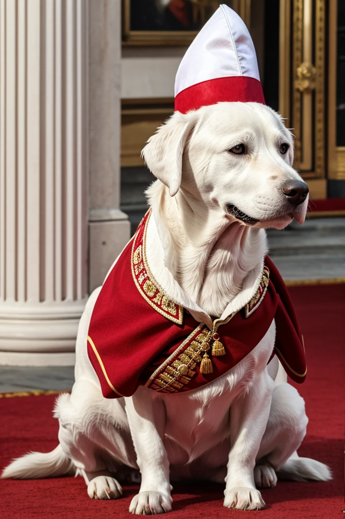 White dog wearing a British royal costume