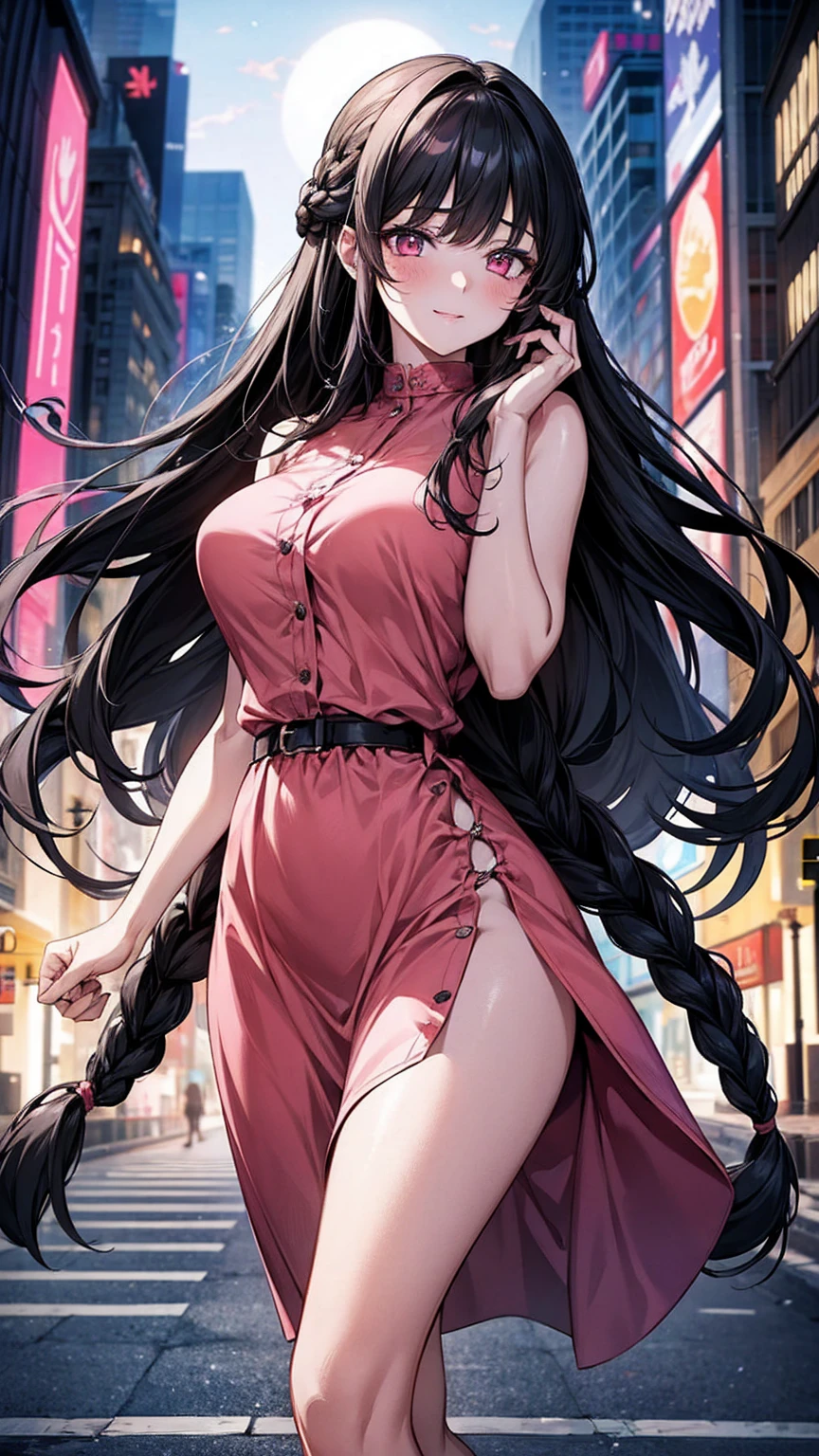 (best quality, Masterpiece), 1 girl, The sun shines, In the building, black hair, Beautiful long hair, braid, pink eyes, cute, Bright face, Good mood, big breasts, Beautiful fashion outfit for a date, shy, 1 woman, young girl, (Goosebumps:0.7), Beautiful face, (shyไลเนอร์, lipstick:0.9), nighttime, street lights, fall, 4K, 8K, UHD, HDR, detailed background, background