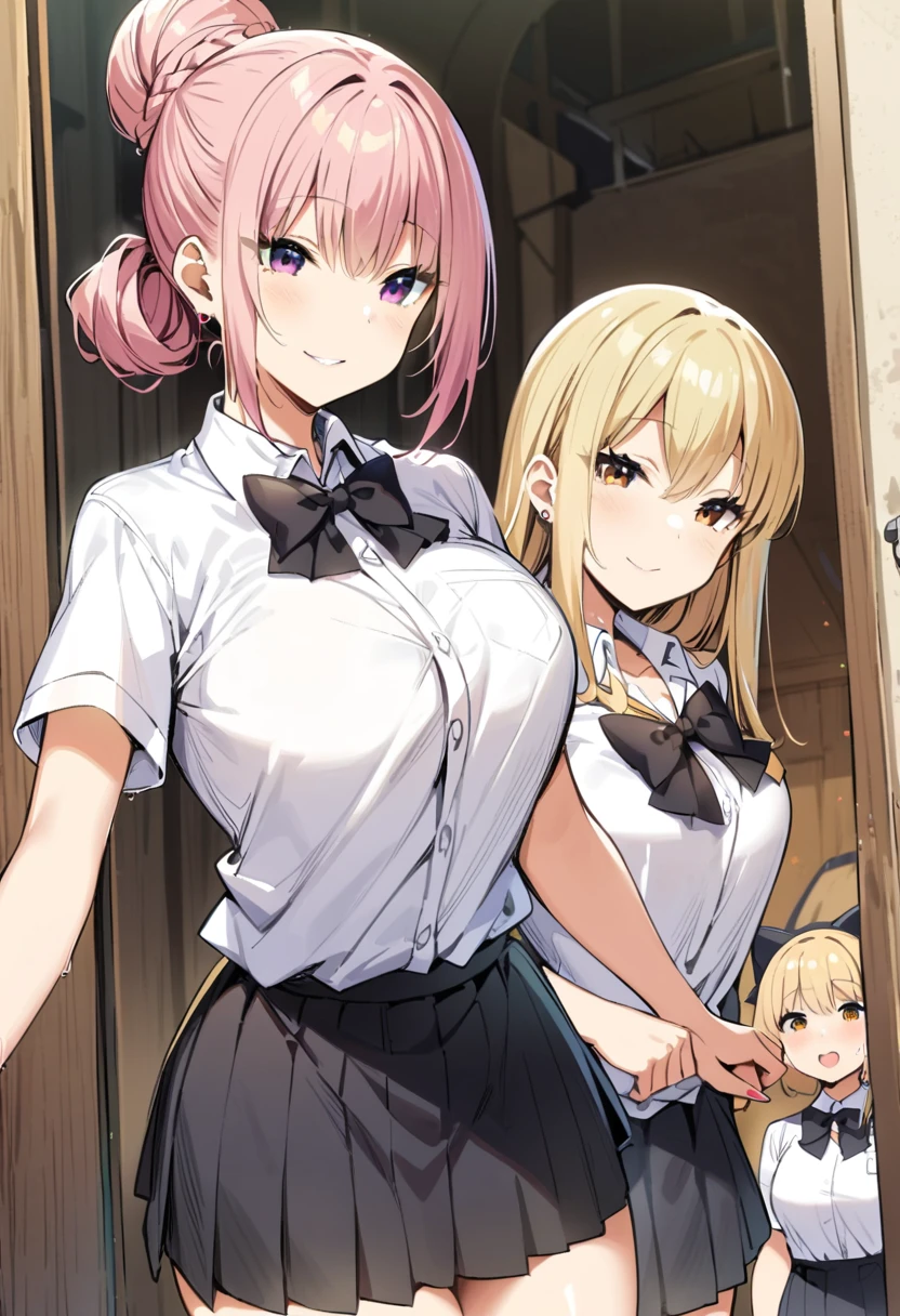masterpiece, Highest quality, High resolution, JK,Huge ,Three Girls,black bow,black bowtie,blonde,bow,bowtie,chest,Hair Bun,,Long Hair,View your audience,Multiple Girls,Pink Hair,pleated skirt,tuck your shirt in,short hair,skirt,smile,Tent shirt、entrance