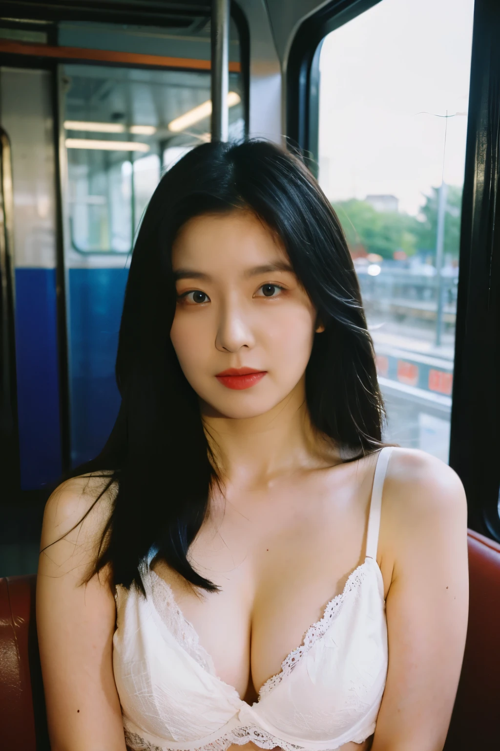 nsfw, best quality, masterpiece, ultra high res, (photorealistic:1.3), 8K, raw photo, 1girl, natural skin texture, , black, wearing BRA, SHOW OFF CLEAVAGE, natural skin texture, dynamic pose, film grain, on the train room background,, long HAIR, small breast, mid shot portrait, gemma chen