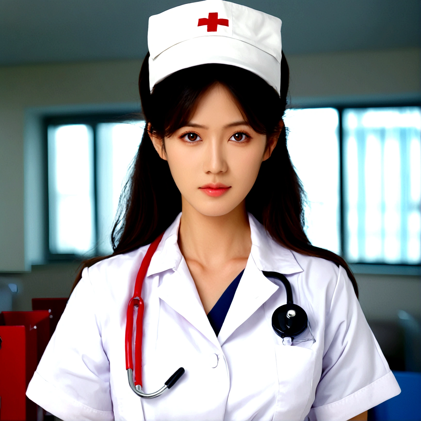 1girl, solo, looking at viewer, brown hair, black hair, 1boy, hat, brown eyes, upper body, male focus, indoors, black eyes, lips, realistic, nurse