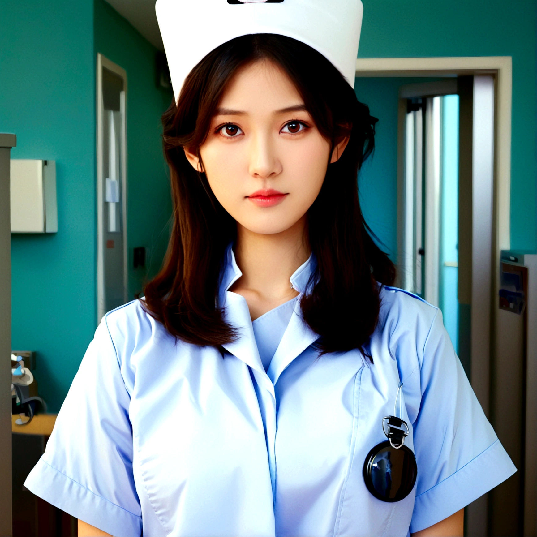 1girl, solo, looking at viewer, brown hair, black hair, 1boy, hat, brown eyes, upper body, male focus, indoors, black eyes, lips, realistic, nurse