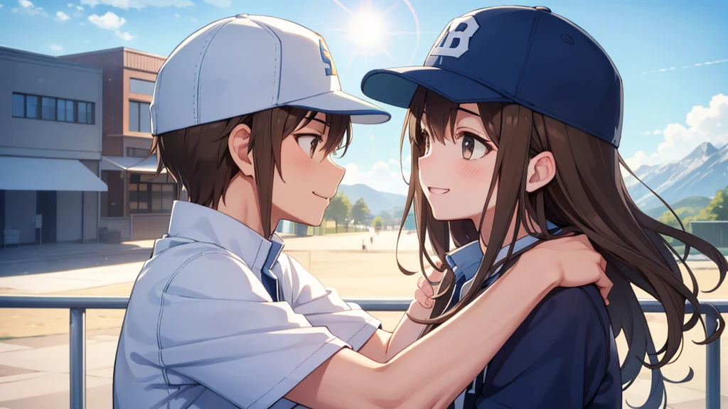 Boys and Girls,Looking at each other,Embrace,smile,blue sky,high school student,Wear a baseball cap,Brown Hair,Soft Light,Brown eyes,瞳にSoft Light,cute,2 people,uniform,At the Alps stand,