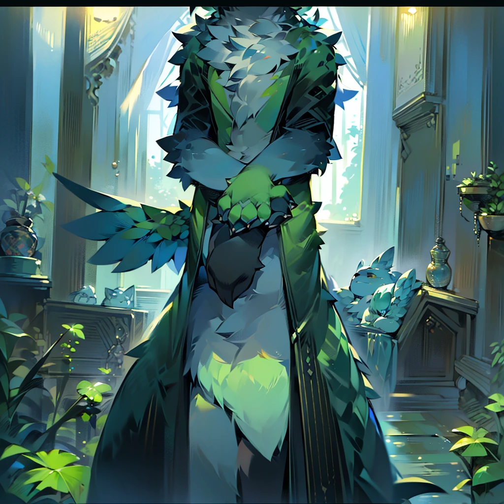 (Ultra Detailed), (masterpiece), (best quality),Light green wolf,kakapo,There is a pair of green bird wings on the back,Standing