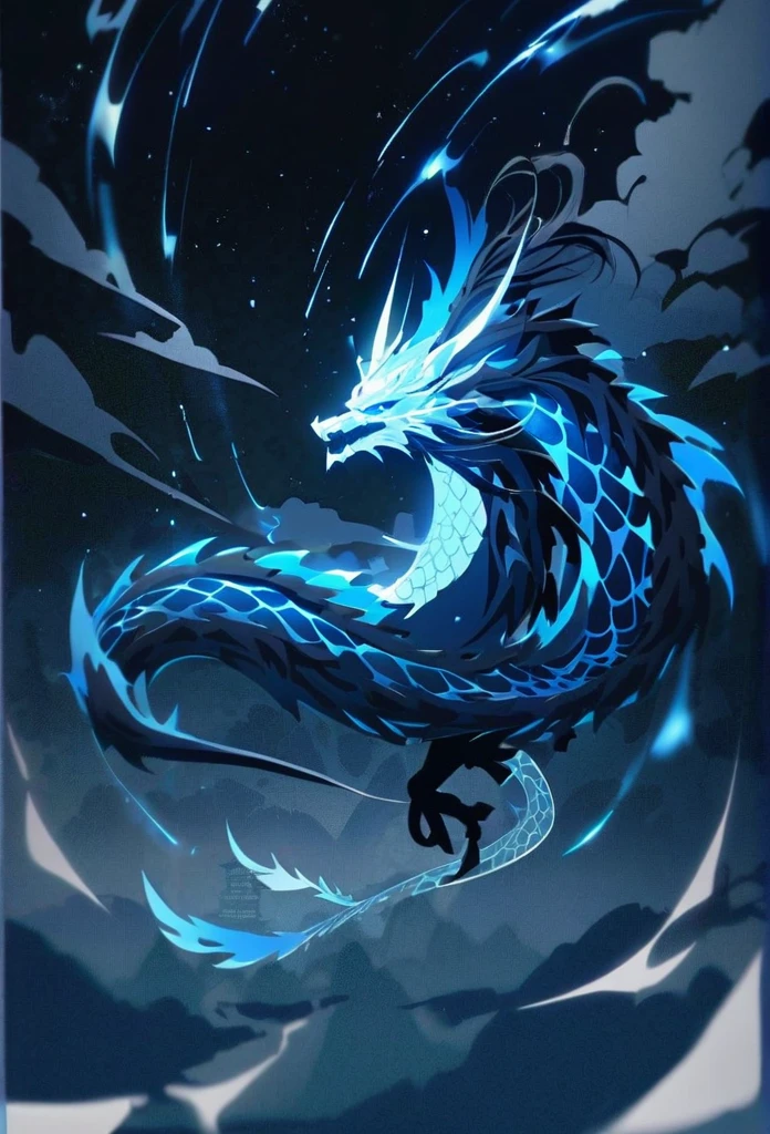 Thunder。zero。Rise Up。Flying in the sky。blue glowing oriental dragon。Night Sky