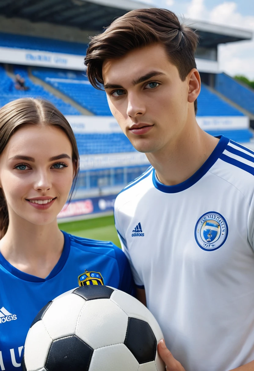 a brunette boy with medium hair and a beautiful white girl being presented in a blue and white football club, photo realist