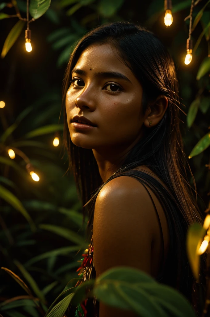 Mexican indigenous girl, in the jungle surrounded by fireflies, Fancy, octane rendering, cinematic lighting, macro photography, Macro lens, close up, Very detailed