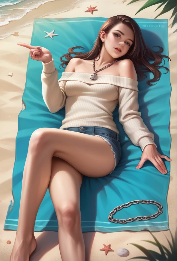 ((best quality)), ((masterpiece)), (Detailed), 1 girl, Off-the-shoulder sweater, Under clear, unpopulated sky, lying on the beautiful beach, View towards the sea, Legs pointing towards the sea, short denim, natural face with small chain around the neck,
realistic beautiful beach, realistic woman, realistic sea