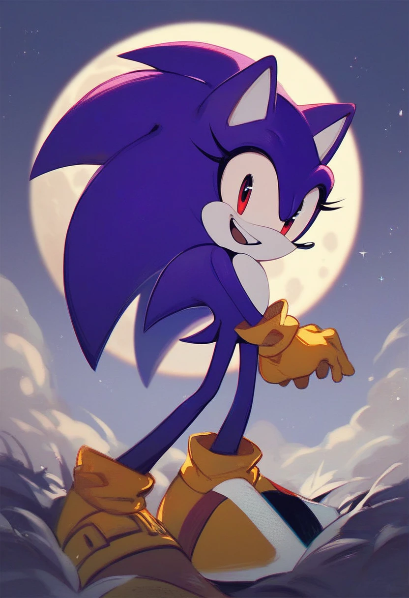 needlemouse, solo, smile, open mouth, completely black mouth 1girl, female focus, sky, no humans, night, moon, furry female, flat color, sonic the hedgehog, two-tone fur, no outlines, yellow gloves, source, purple fur, white skin, completely black eyes, red pupils, blue-ish purple fur, full body