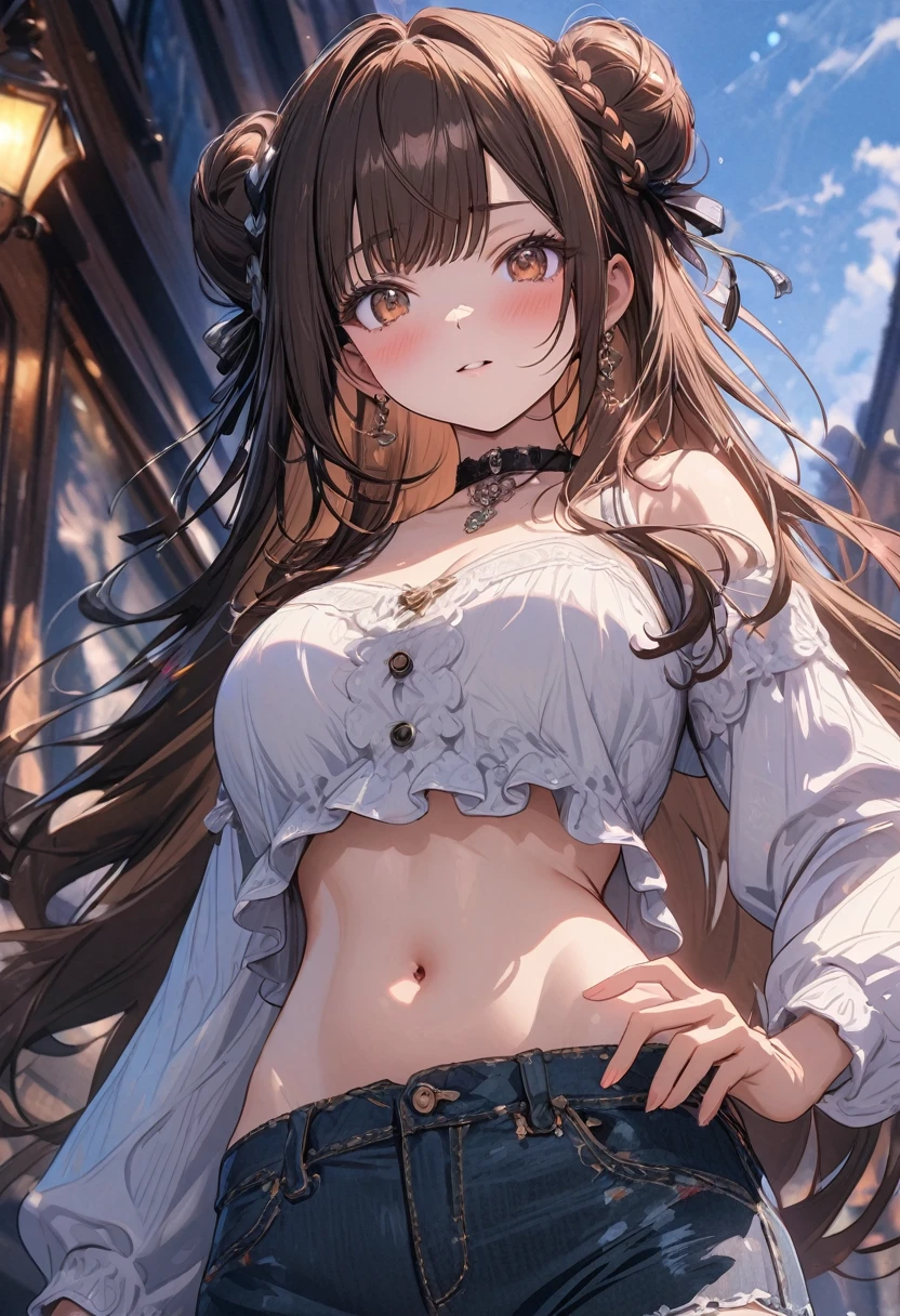 (masterpiece), best quality, very aesthetic, newest, absurdres, detailed, high quality
BREAK
highest quality, top quality, details, highres, ultra fine painting, digital art, official art, cinematic, 4k, 8k resolution, 8K CG wallpaper, CG, original artwork, detailed background, colorful background, blue atmosphere, High Dynamic Range, blurry background, blue hour, Starburst effects, crepuscular rays, good ISO, high resolution, wide shot, from far away, RAW photo, POV, sharp focus, light reflection, reflections, intricate details, soft light, particle noise, professional photography, bokeh, depth of field, natural lighting, vibrant colors, looking away, detailed lights and shadows, stylish, ultra-detailed, top rated on Pixiv, trending on Artstation, niji style, modern-days, master crafted, pose
BREAK
solo, (close up), 1girl, pale skin, correct fingers, detailed hand, (big breasts:1.2), big thighs, small torso, short body, flushtered, shy, blush, anxious expression, embarassed, embarassed act, casual, slim, ((cute, childlike face):1.3), nice hips, nice body, brown hair, (very long flowing hair), (big 2 buns hairstyle)), long bangs, long hair, middle hair bangs, brown eyes
BREAK
(white loose-fitting crop shirt, long sleeve, denim shorts, choker, casual wear style, tummy skin, detailed tummy skin, belly button, modern fashion) 
BREAK
Empty streets background, anime background, quiet street, street lamps, sky