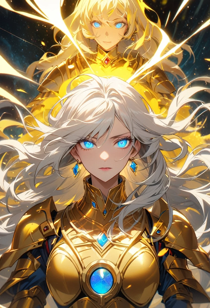 woman, god, god eyes, blue eyes, glowing eyes, yellow aura, golden armor, windy hair, long hair, white hair, god mature, god eyes, diamond earings, universe eyes, calm face