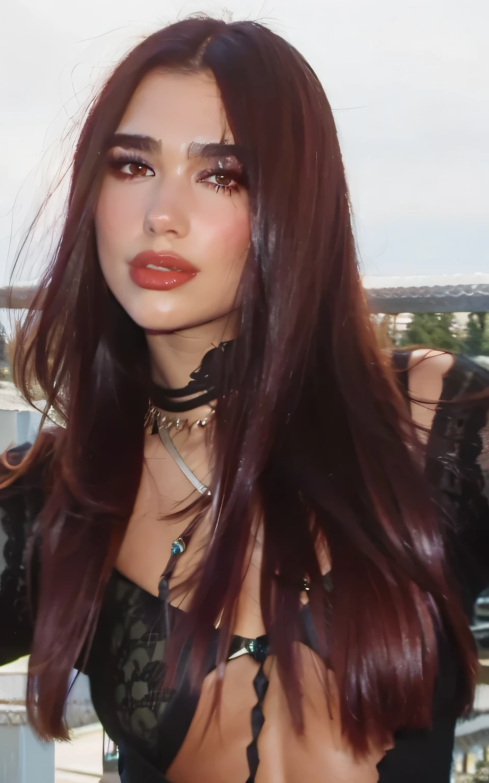 beautiful woman  Dua Lipa  28 years skin details realístic dark Brown eyes  Close up