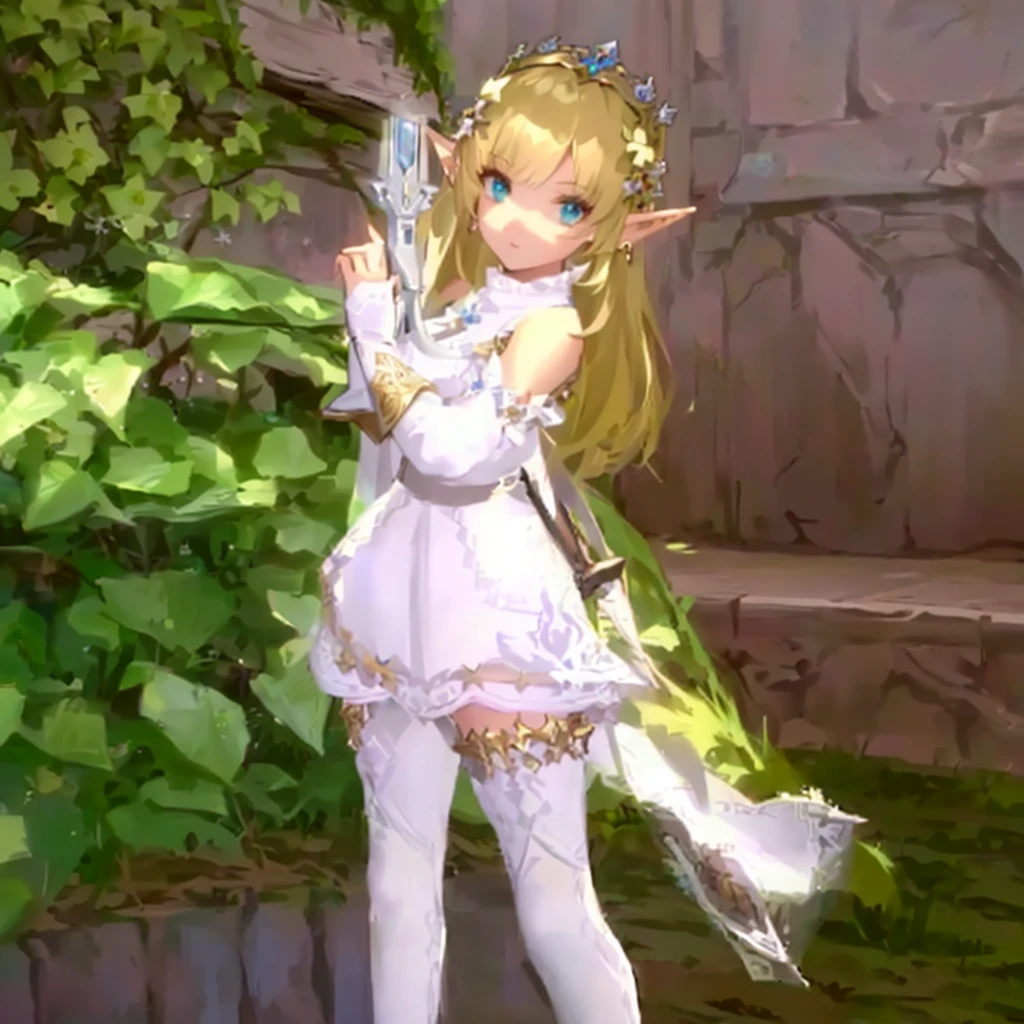 masterpiece:1.2, best quality, detailed and beautiful, there is a woman in a white dress holding a sword, elf princess, alluring elf princess knight, elf princess knight, elf girl, (((mad))) elf princess, ragnarok online, elf girl wearing an flower suit, lalafell, she has elf ears and gold eyes, elven princess, an elf queen, glossy white armor, pixie character