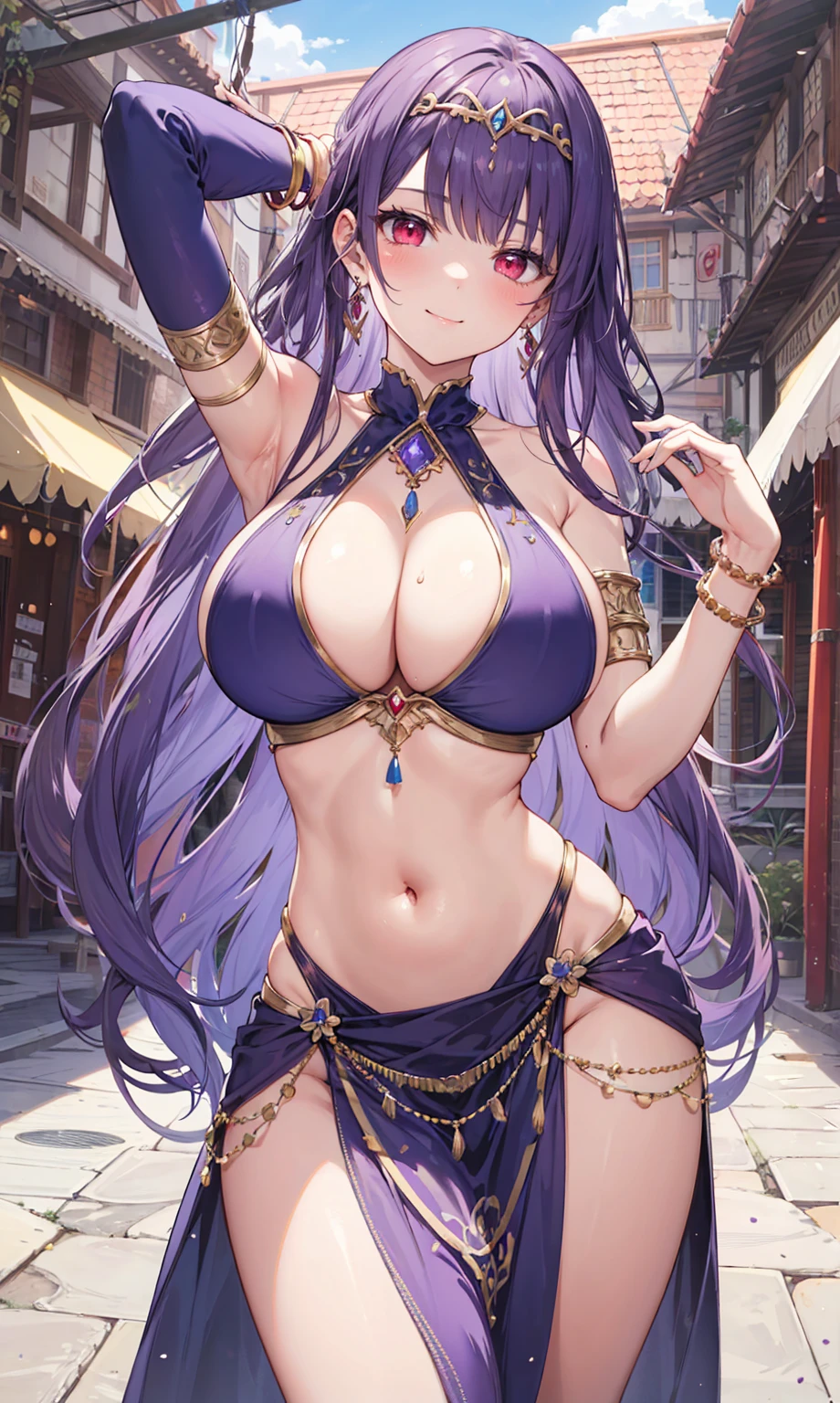 high quality, ultra detailed, best quality, insanely detailed, beautiful, masterpiece, 1girl, medieval plaza, cowboy shot, red eyes, long hair, purple hair, belly dancer, circlet, earrings, armlets, bracelets, bashful smile, large breasts, cleavage, soft stomach