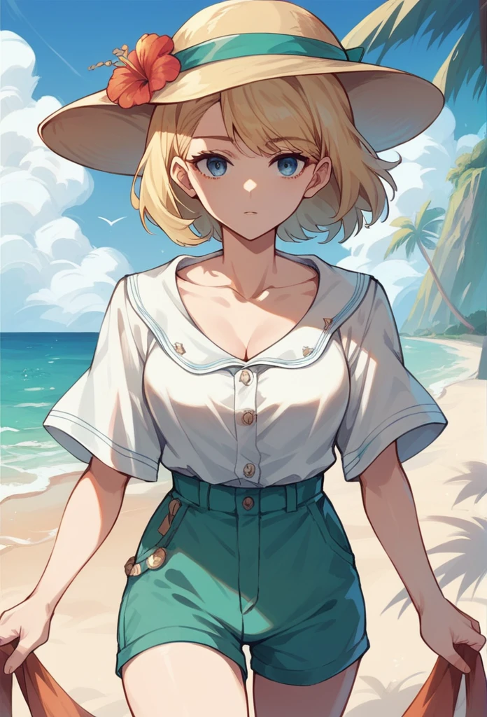 commander anime girl, open-neck summer dress, turquoise shorts, 18 years old, tall, medium length blonde hair, blue eyes, on vacation on an island, on the beach, white commander hat, 8K