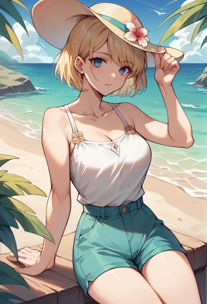 commander anime girl, open-neck summer dress, turquoise shorts, 18 years old, tall, medium length blonde hair, blue eyes, on vacation on an island, on the beach, white commander hat, 8K