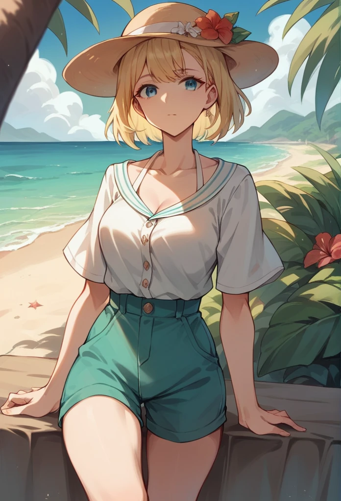 commander anime girl, open-neck summer dress, turquoise shorts, 18 years old, tall, medium length blonde hair, blue eyes, on vacation on an island, on the beach, white commander hat, 8K