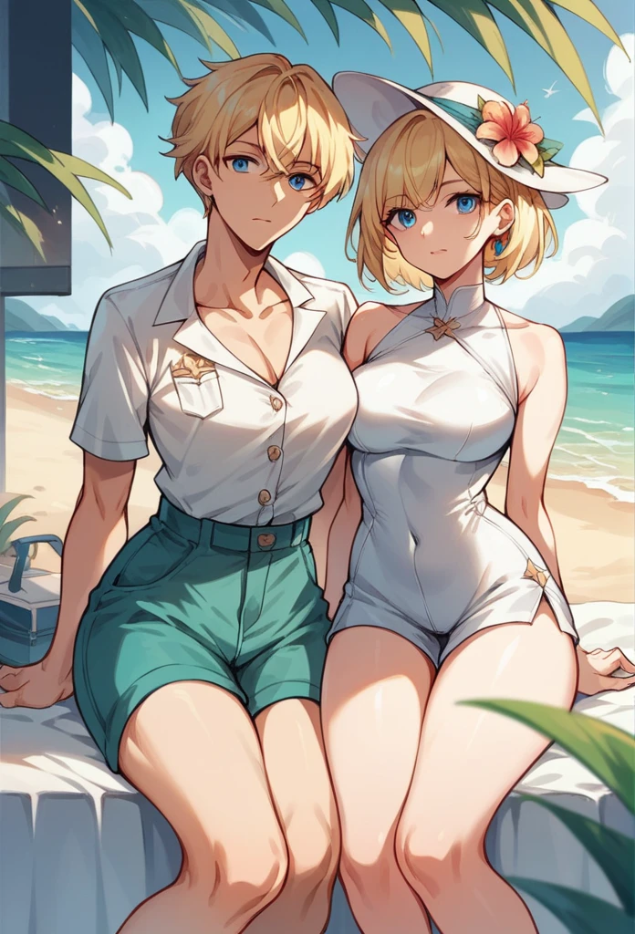 commander anime girl, open-neck summer dress, turquoise shorts, 18 years old, tall, medium length blonde hair, blue eyes, on vacation on an island, on the beach, white commander hat, 8K