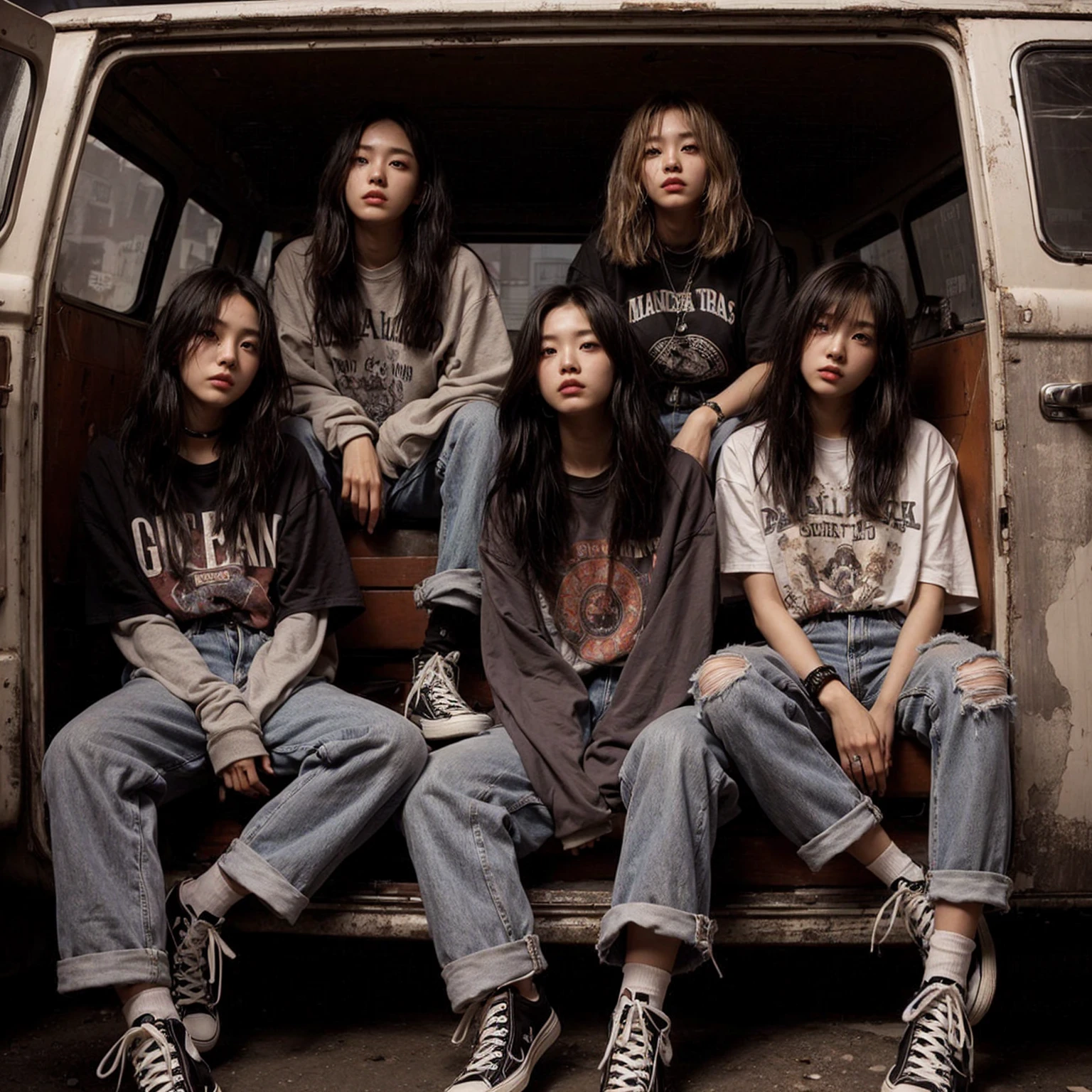 a visually striking five korean young woman member band photo in a gritty, urban setting. The band should be seated in a rugged van, evoking a raw. Emphasize a cool, laid-back attitude with casual clothing, such as graphic tees, jeans, and sneakers. Ensure the band's name, “ECHO” is prominently displayed above them in bold, distressed typography. Capture a mood that reflects the essence of early 2000s pop, combining elements of angst, realistic, masterpiece