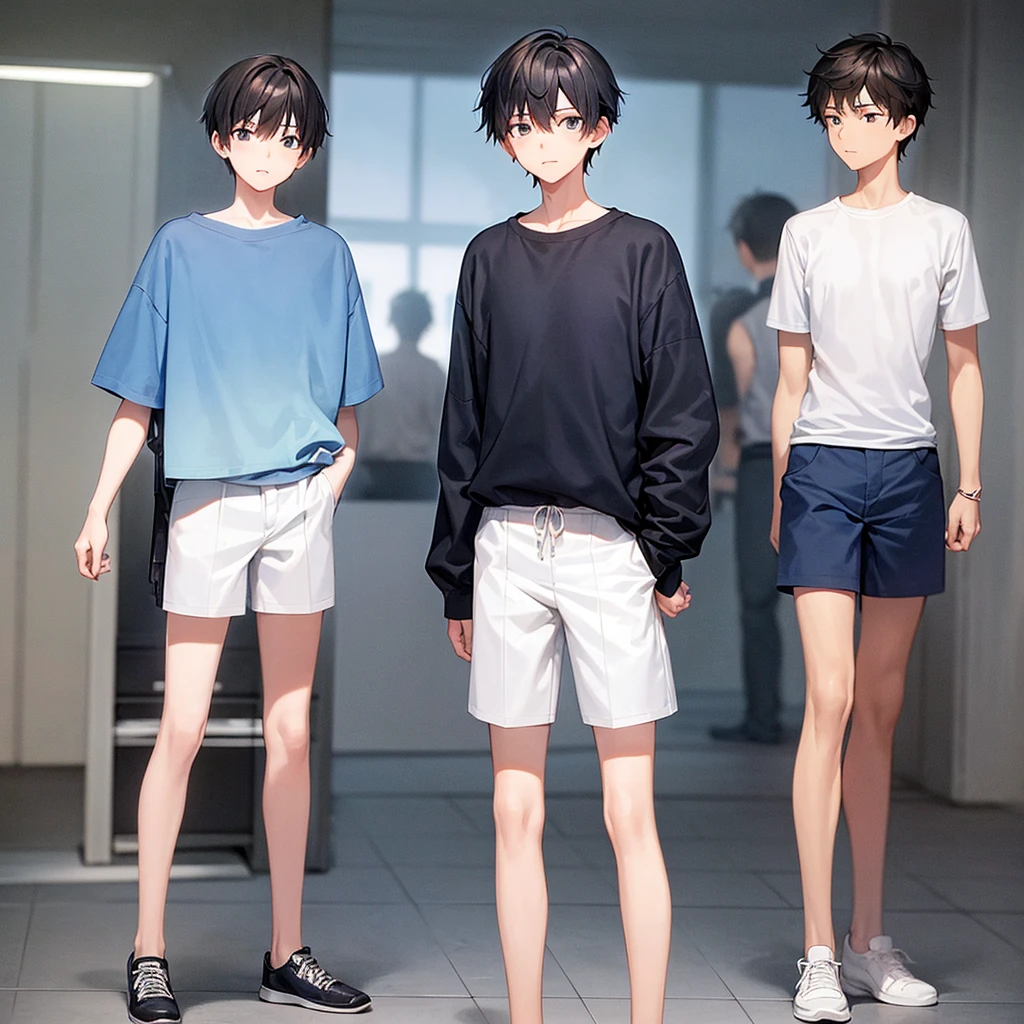 A 17-year-old teenage boy, 165cm tall, fair skin, short navy hair, male, male, male 