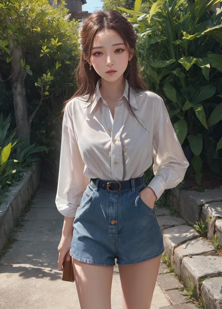 (best quality:1.2), (masterpiece:1.2), (absurdres:1.2), (detailed background), looking at viewer, (shiny skin), outdoors, day with sunlight, standing, (wearing only a long oversized buttoned shirt:1.2), no shorts, no pants, no skirts, no panties, curious face, hand behind back, perfect eyes, highly detailed beautiful expressive eyes, 35mm photograph, film, bokeh, professional, 4k, highly detailed dynamic lighting, photorealistic, 8k, raw, rich, intricate details, key visual, vivid colors